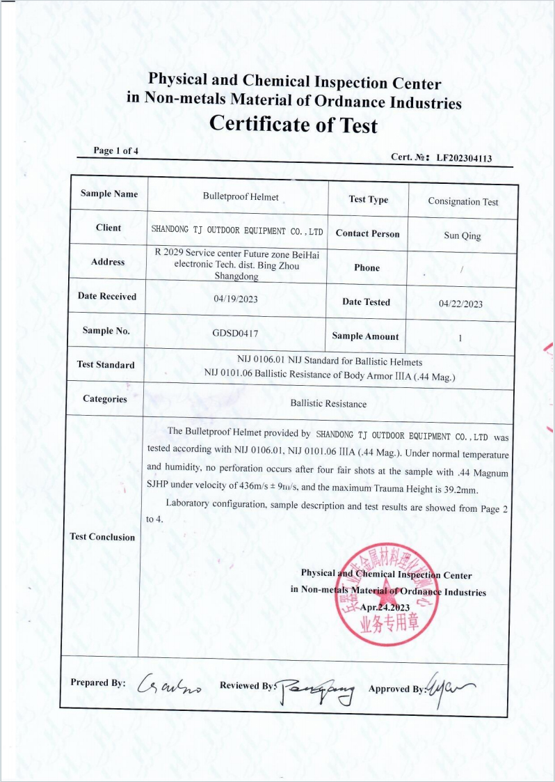 NIJ IIIA 0101.06.44 Kevlar Bulletproof helmet  test reports